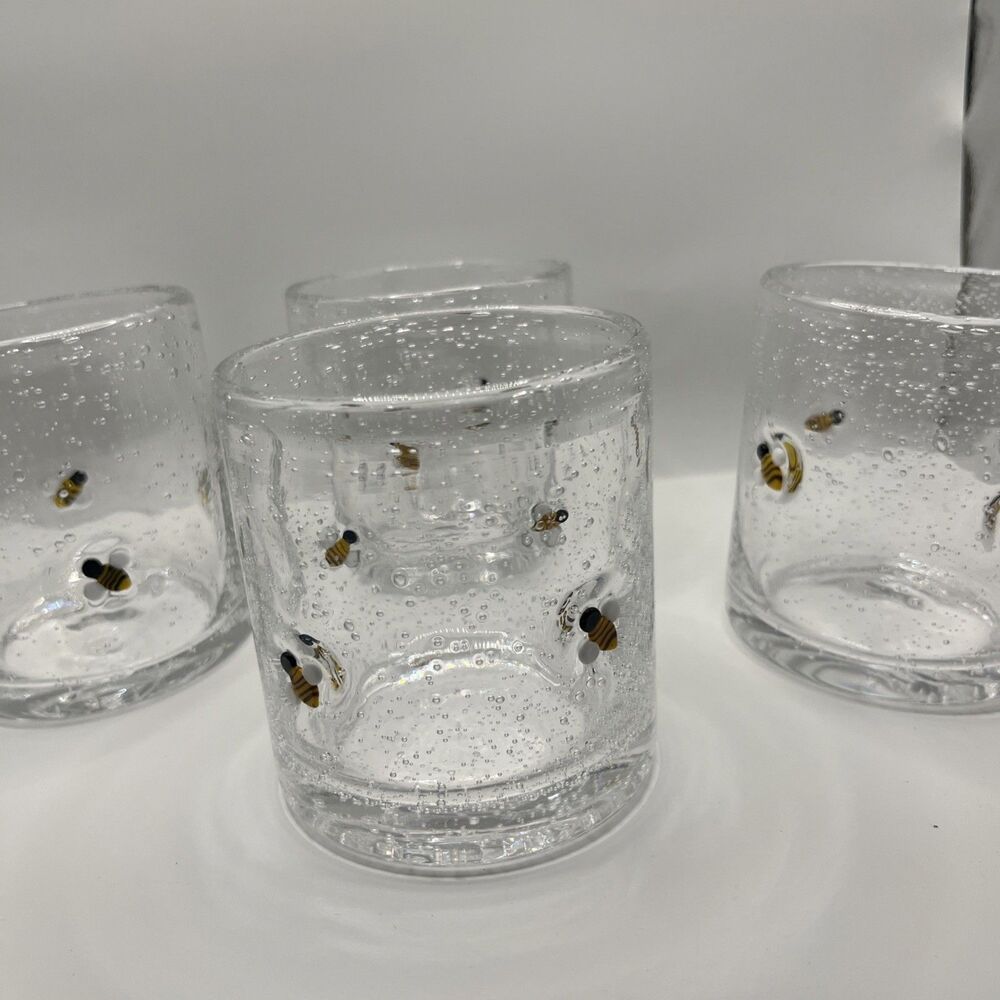 Clear Glass Bee Design Tumbler Drinking Glass, Round Contemporary, 4 Piece Set